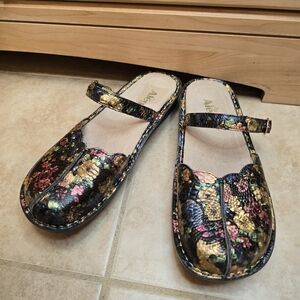 Alegria Tuscany Gold Floral Leather Mules Mary Jane Slip On Shoes Size 41 Us 9.5